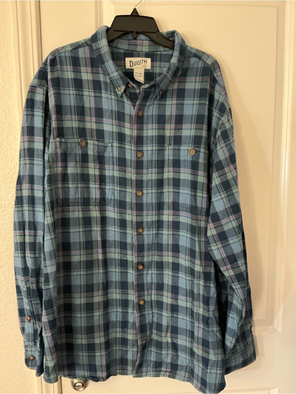 Duluth Trading Co Free Swingin Flannel Plaid Button Shirt Men 2XL Tall Blue